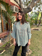 Sea green small flower button shirt