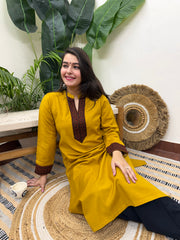 Mustard solid woollen kurta with border