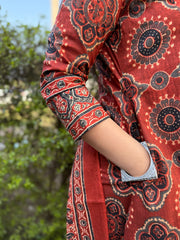 Rust Printed Aline Full Suit Set kurta pocket by MySanskritam