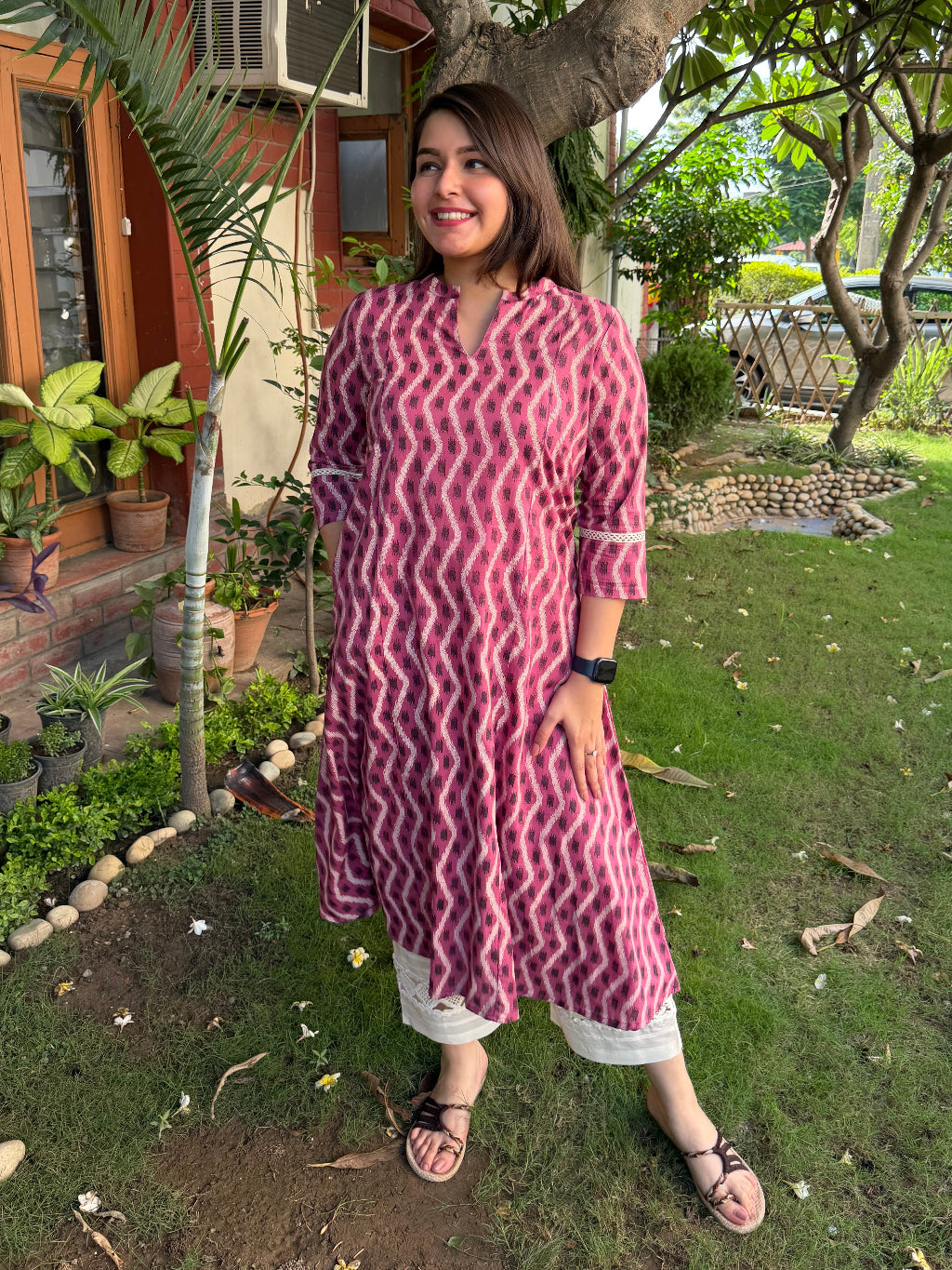 Onion Pink Ikkat A-line Kurta with Pocket by MySanskritam