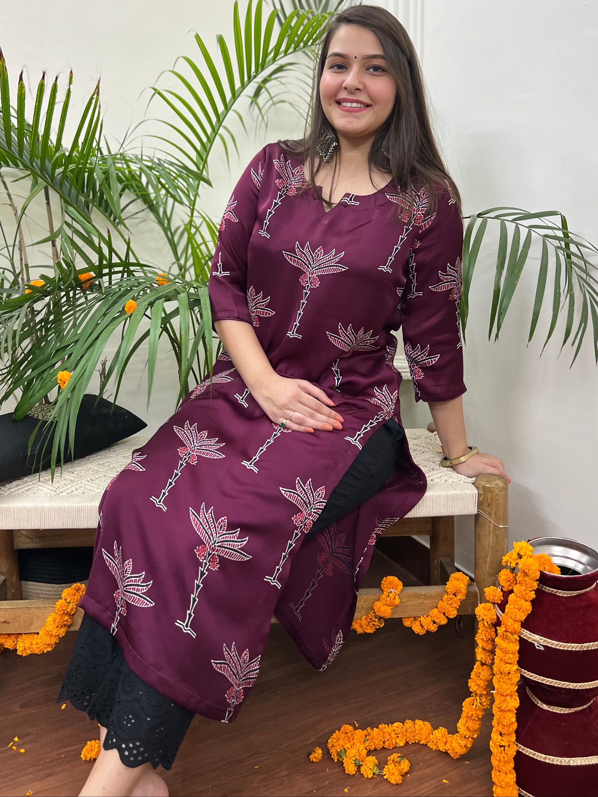 Premium Modal Wine Tree long kurta - MYSANSKRITAM