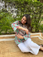 Sea green floral yoke kurti