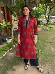 Maroon Peacock Ban Neck Kurta by MySanskritam