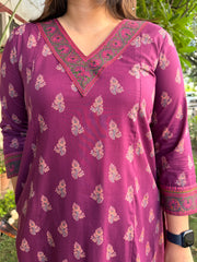 Wine Small Flower V-neck A-line Kurta close up by MySanskritam