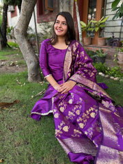 Purple Banarsi Silk Suit Set by MySanskritam