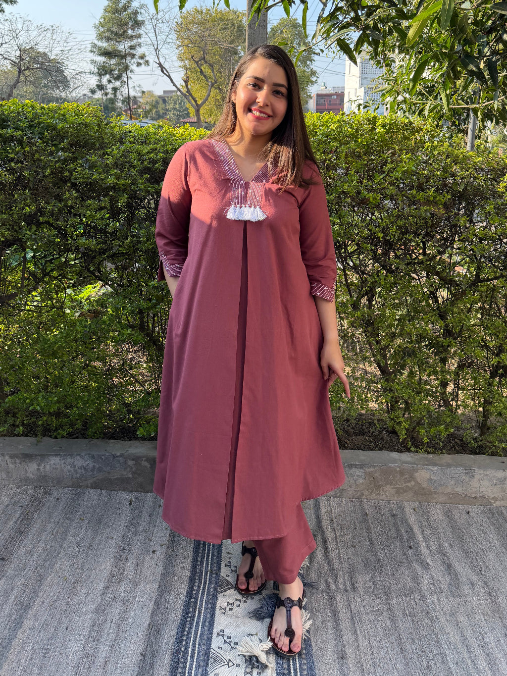 Pink A-line Embroidered Co-ord Set by Sanskritam