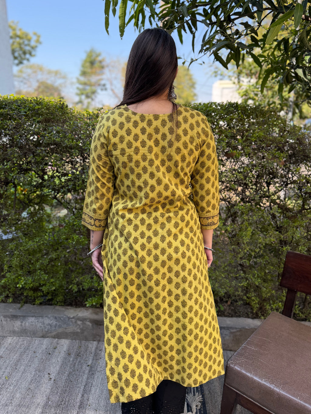 Lime Green Buta Handblock Kurta from the back by Sanskritam