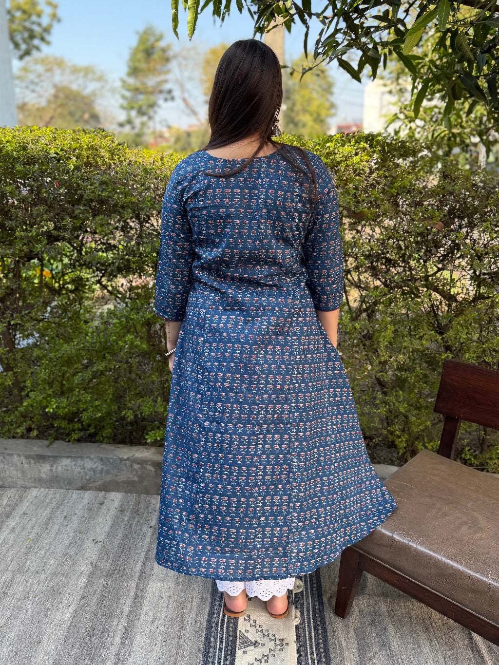 Blue Rose Aline Kurta from the back by Sanskritam