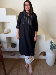 Black Kantha Embroidered Yoke Kurta by MySanskritam