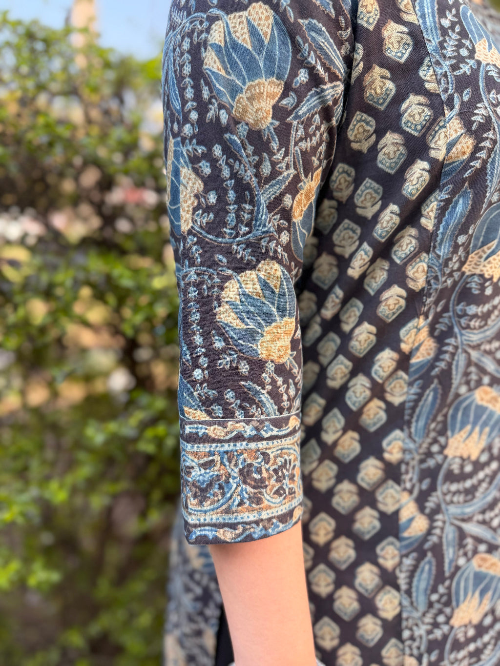 Mud Blue Bagru Kali Kurta close up from the side by Sanskritam