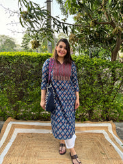 Blue Sanganeri yoke kurta