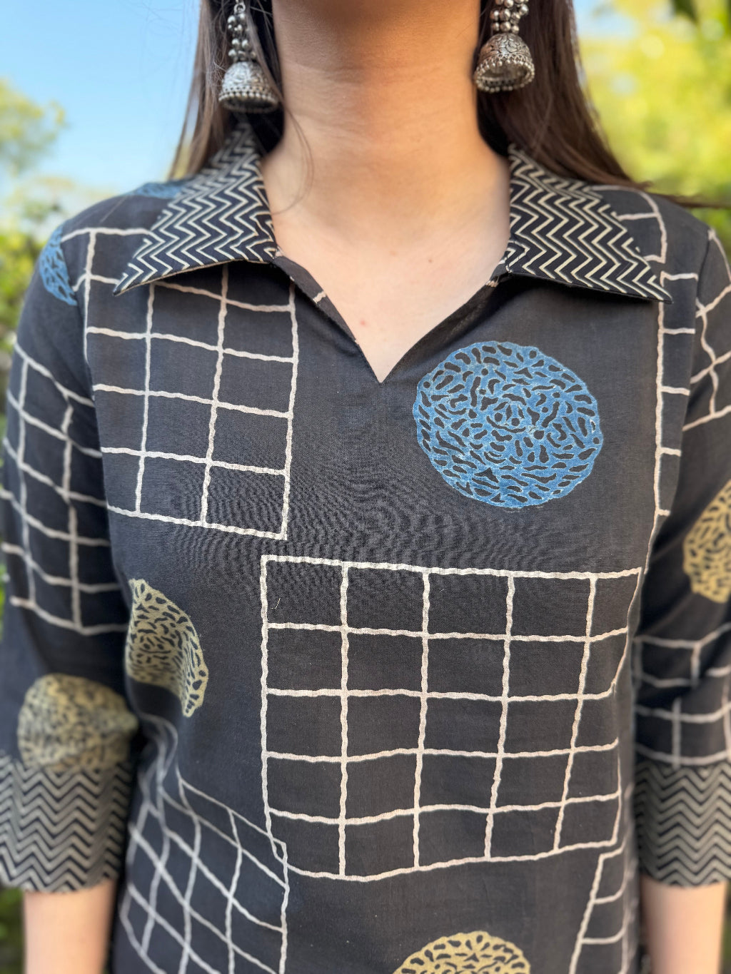 Brown Ajrakh Handblock Collar Kurta close up by Sanskritam