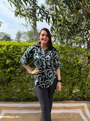 Blue abstract modal silk top