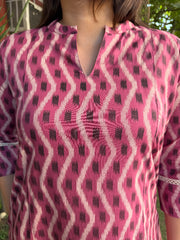 Onion Pink Ikkat A-line Kurta with Pocket up close by MySanskritam