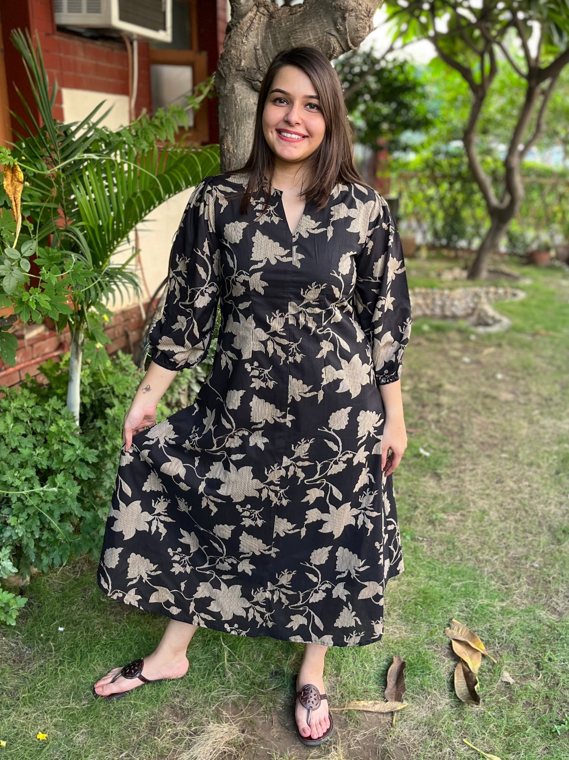 Black Floral dress with pockets - MYSANSKRITAM