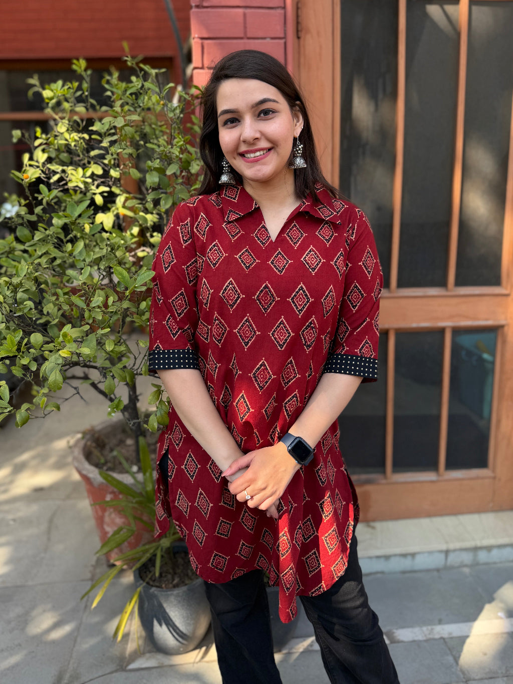 Maroon Ajrakh Barfi Top by Sanskritam