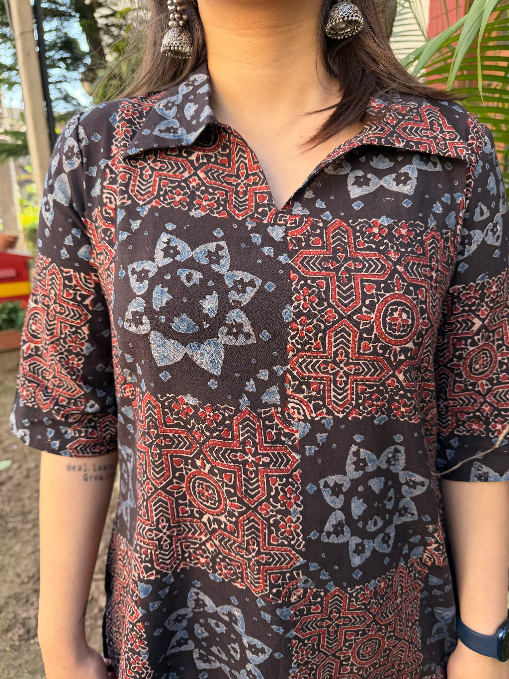 Saanjh Handblock Coffee Top close up detail by MySanskritam