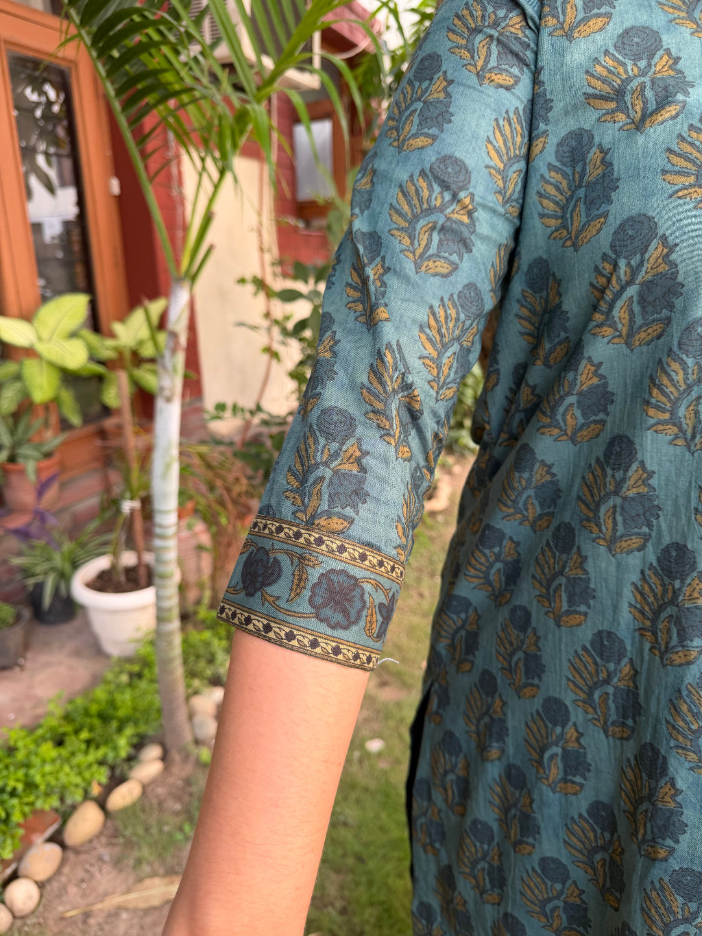 Forest Flower V Neck Kurta sleeve design by Sanskritam