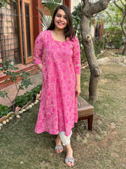 Pink textured Aline kurta with Pocket