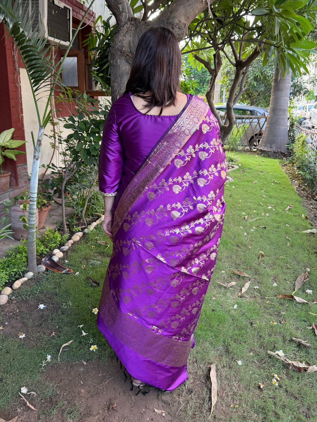 Purple Banarsi Silk Suit Set from the back by MySanskritam