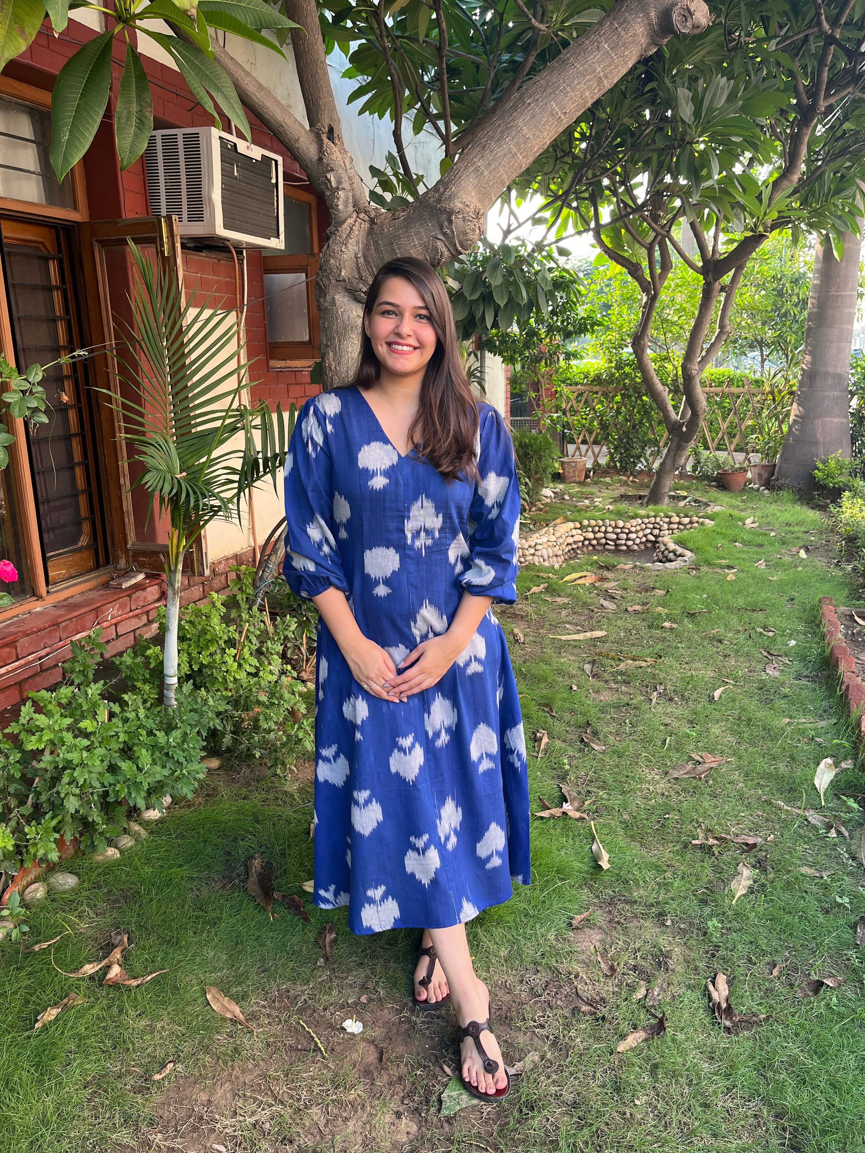 Royal Blue Ikkat Dress (with pocket) - MYSANSKRITAM