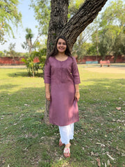 Rose pink embroidered linen kurta
