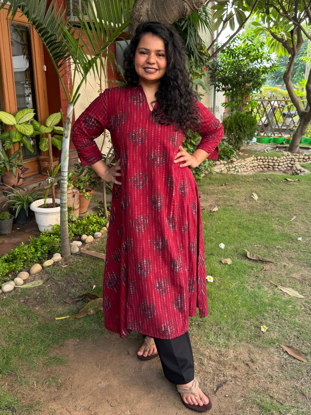 Maroon Slub Peacock A-line Kurta by MySanskritam