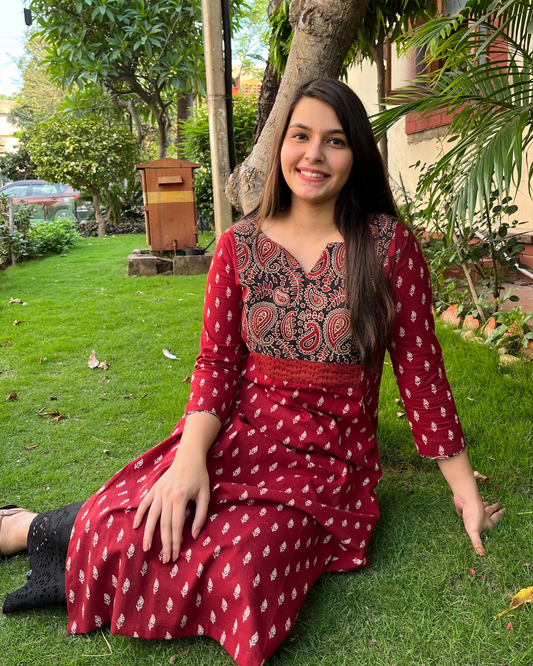 Maroon buti Ajrakh Yoke kurta
