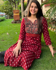 Maroon buti Ajrakh Yoke kurta