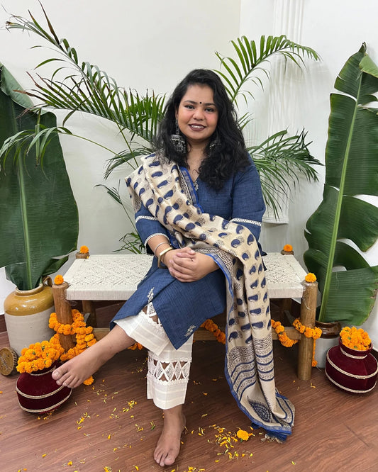 Dark Blue embroidered Khadi silk kurta with Duppata