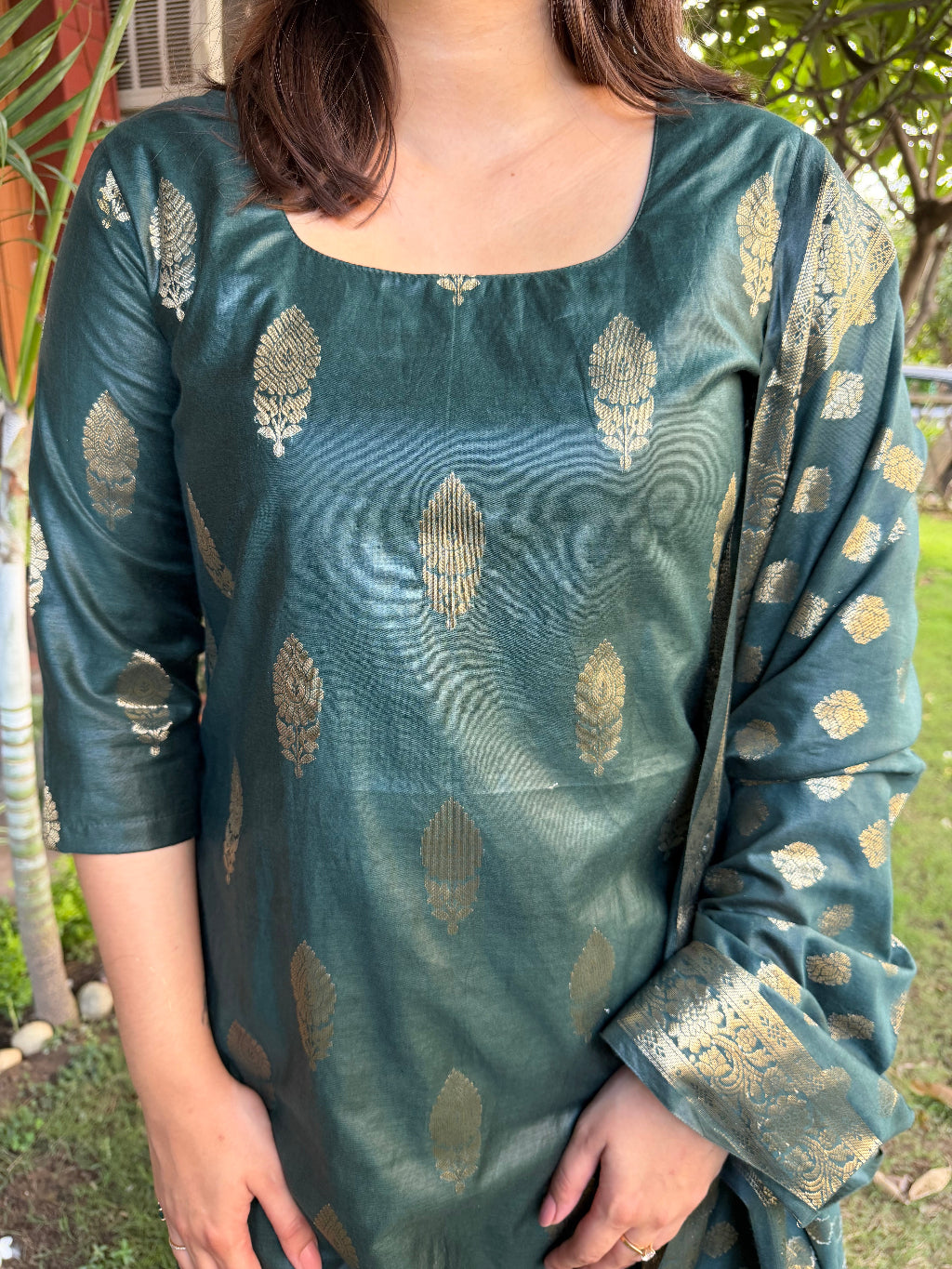 Bottle Green Banarsi Silk Suit Set up close by MySanskritam