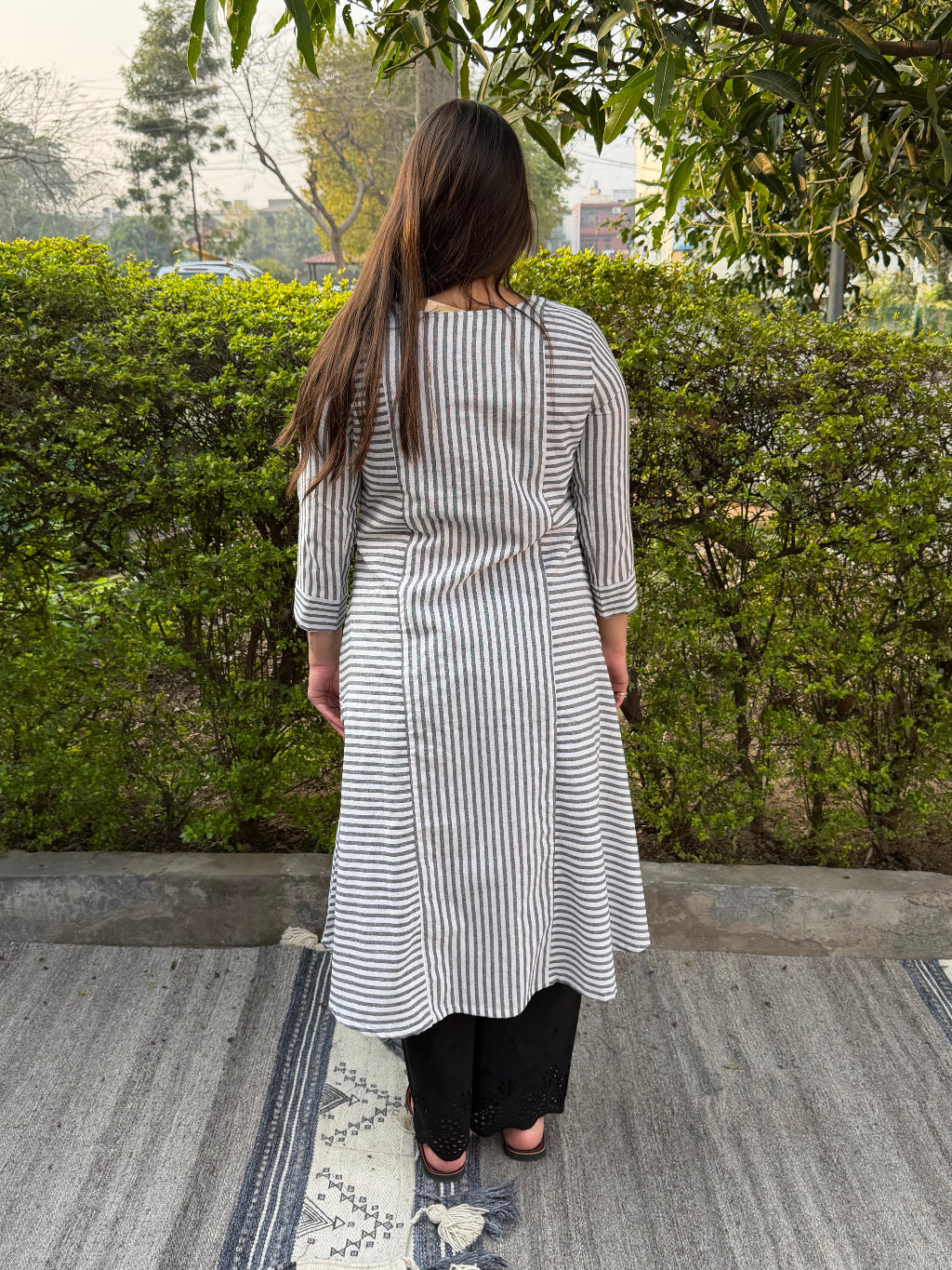 Grey Lines South Cotton A-line Kurta from the back by MySanskritam