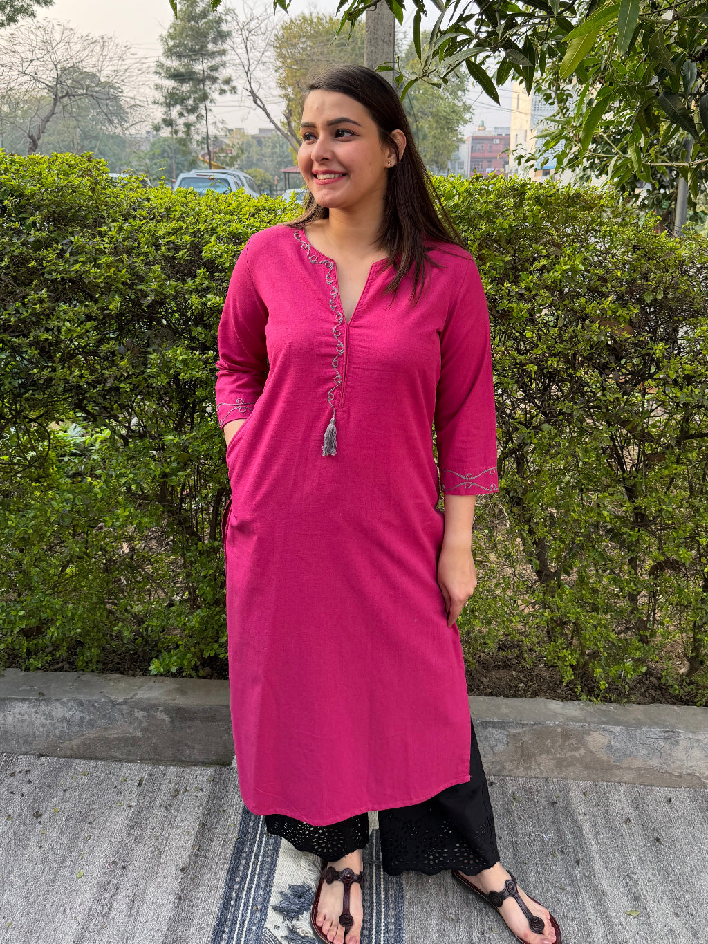 Gulabi Grace Embroidered Cotton Kurta by MySanskritam