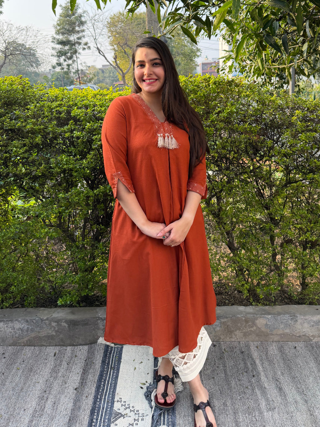 Rust Bloom Tassel A-line Kurta by Sanskritam