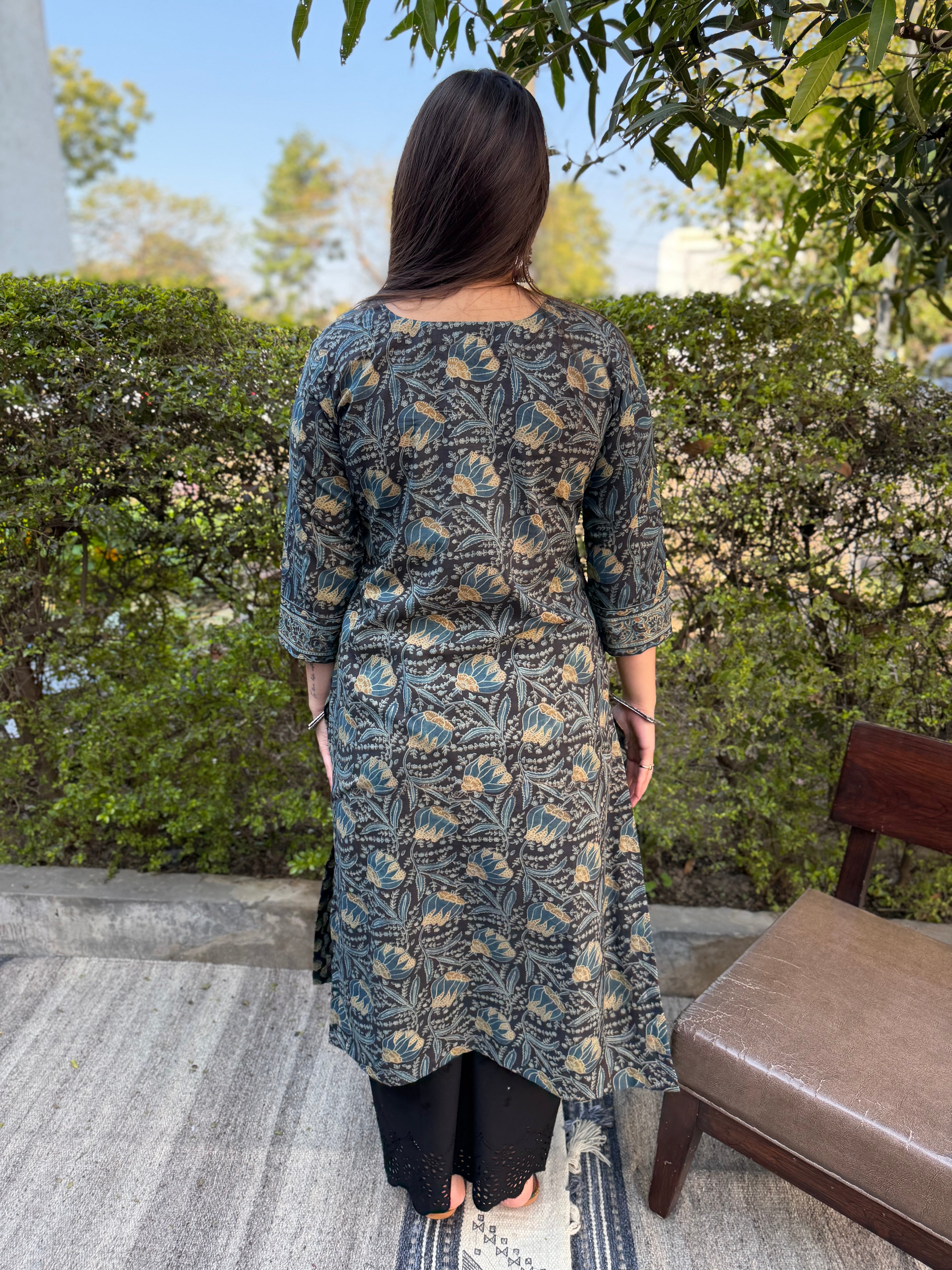 Mud Blue Bagru Kali Kurta from the back by Sanskritam