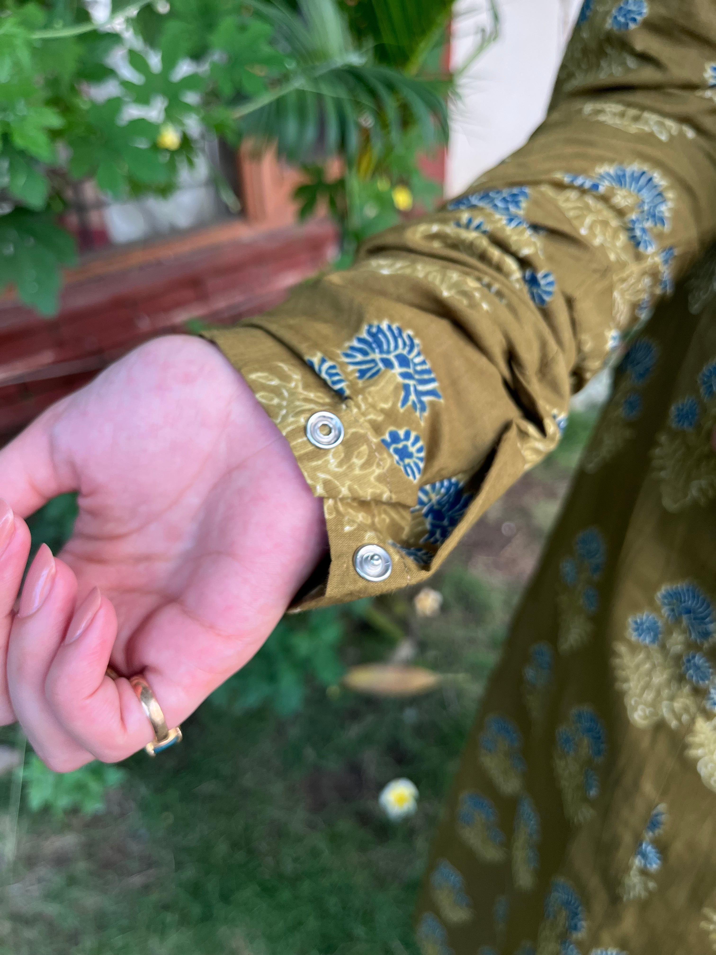Mehendi green Ajrakh print A-Line Kurta with chudi sleeve - MYSANSKRITAM