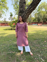 Rose pink embroidered linen kurta