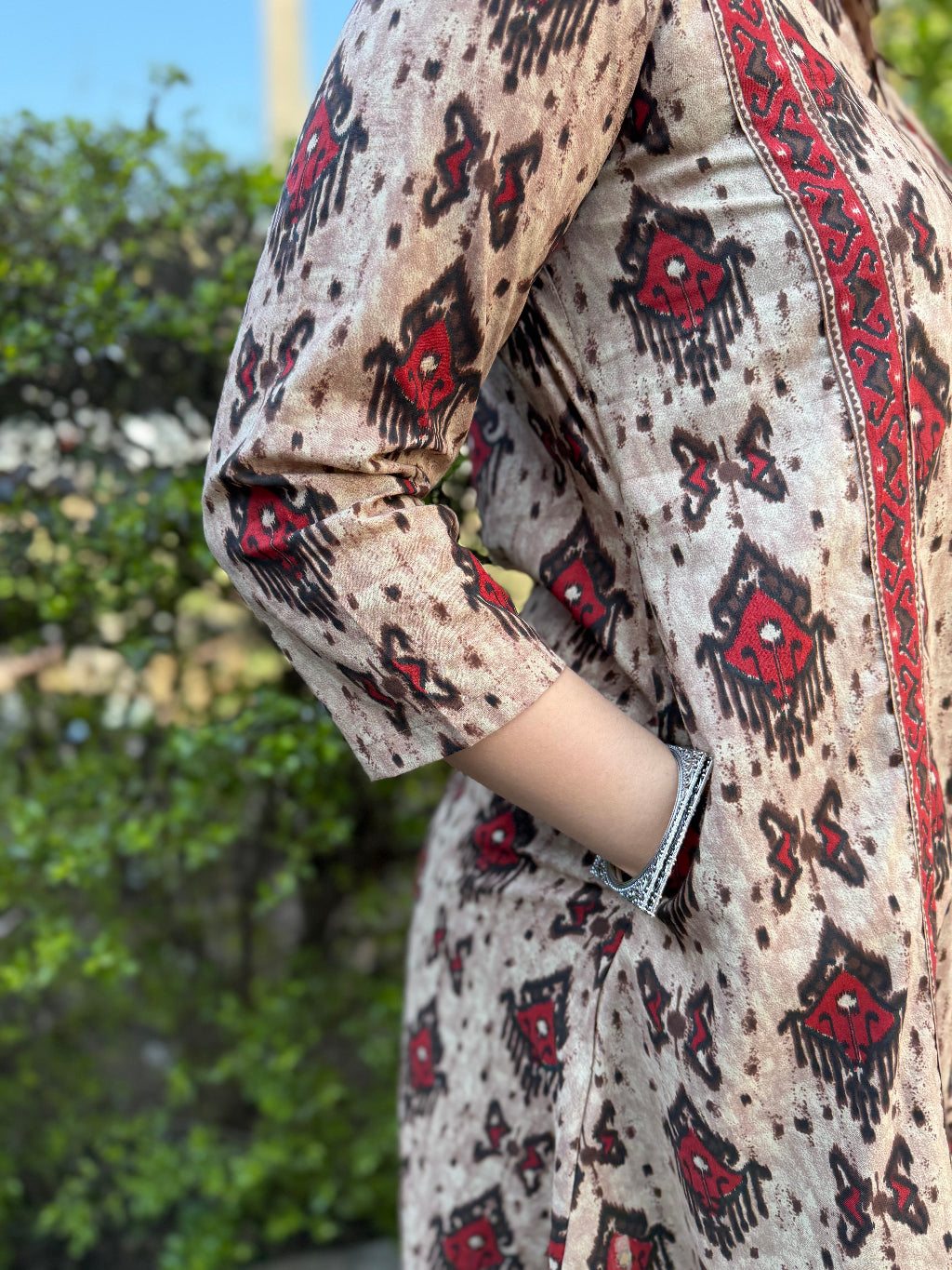 Beige Ikkat Print Aline Kurta pocket by Sanskritam