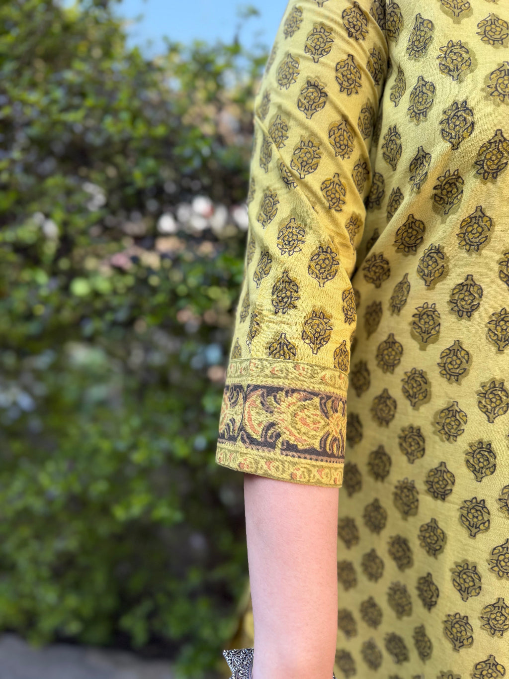 Lime Green Buta Handblock Kurta sleeve detail by Sanskritam