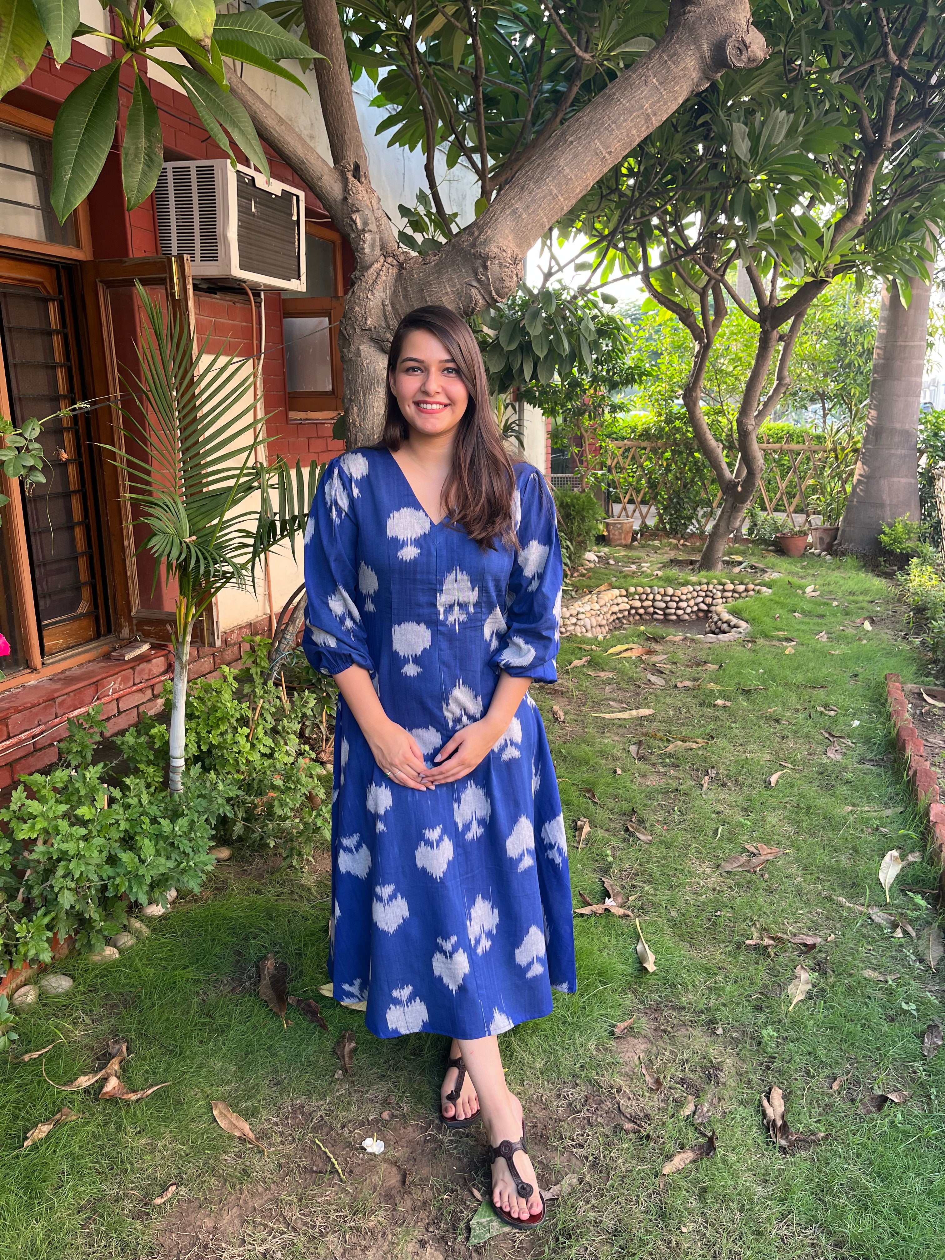 Royal Blue Ikkat Dress (with pocket) - MYSANSKRITAM