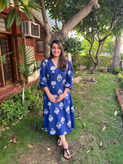 Royal Blue Ikkat Dress (with pocket) - MYSANSKRITAM