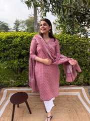 Pink sanganeri V neck kurta duppata set