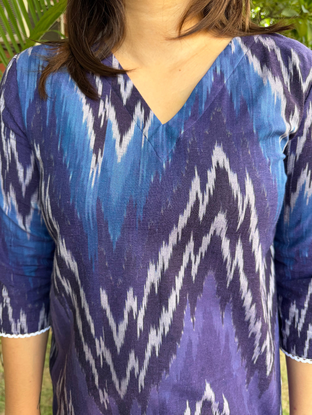 Royal Blue Ikkat Kurta close up by Sanskritam