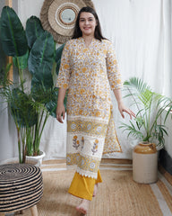 Handblock lacework kurta (MUSTARD)