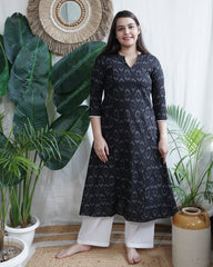 Black ikkat a line kurta with pocket