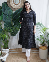 Black ikkat a line kurta with pocket
