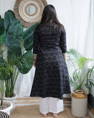 Black ikkat a line kurta with pocket