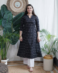 Black ikkat a line kurta with pocket