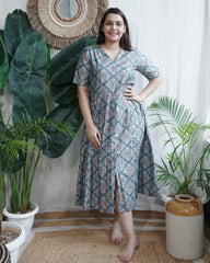Dusky Teal Muslin Silk Geometric Dress