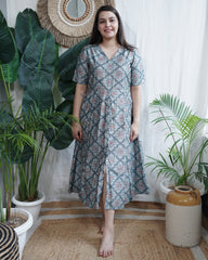 Dusky Teal Muslin Silk Geometric Dress